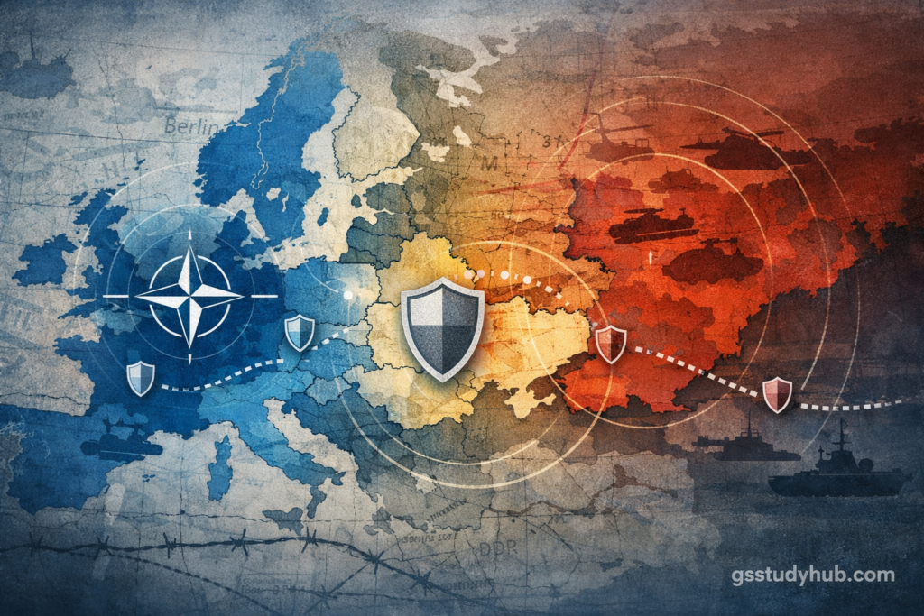 NATO Eastern Europe strategy illustrated through a geopolitical map, highlighting NATO expansion, collective security, and balance of power between Eastern Europe and Russia, with Cold War historical context and modern strategic deterrence.