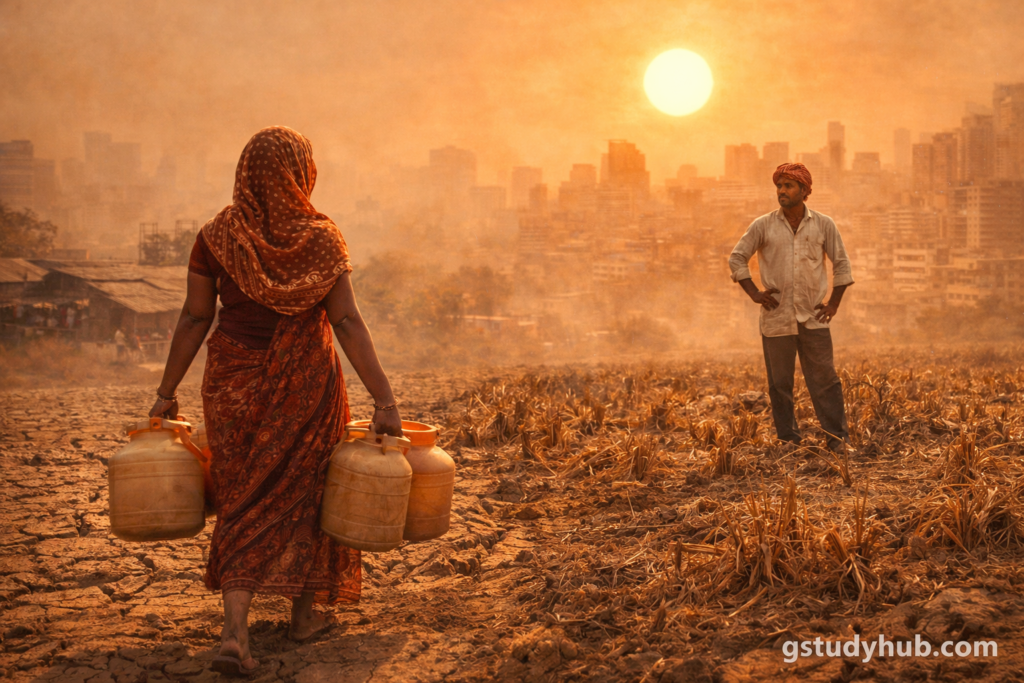 Woman carrying water containers near a dry field with a farmer and a hazy heatwave-affected city in the background, showing daily impacts of climate change.