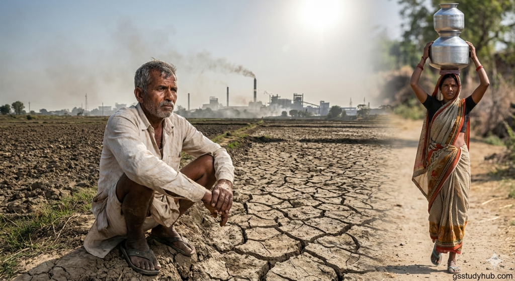 Indian farmer standing in cracked dry farmland with woman carrying water pots and industrial skyline in background showing impact of water scarcity on agriculture and economy