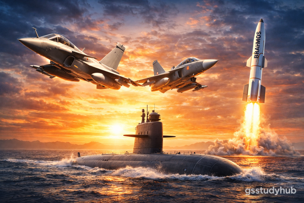 Rafale fighter jet, Tejas indigenous aircraft, naval submarine, and BrahMos missile launch representing India’s defence modernization