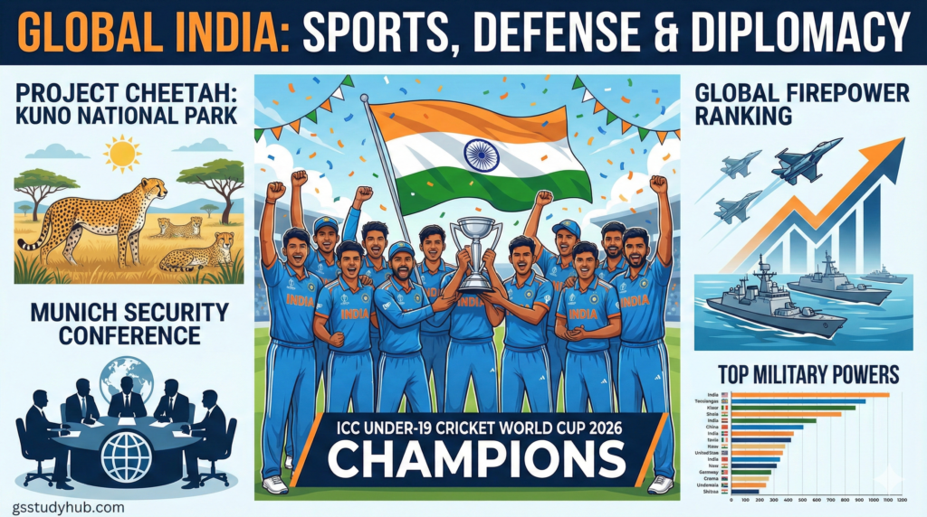 Daily Current Affairs 10 February 2026 infographic – Defense, Sports and Global Affairs