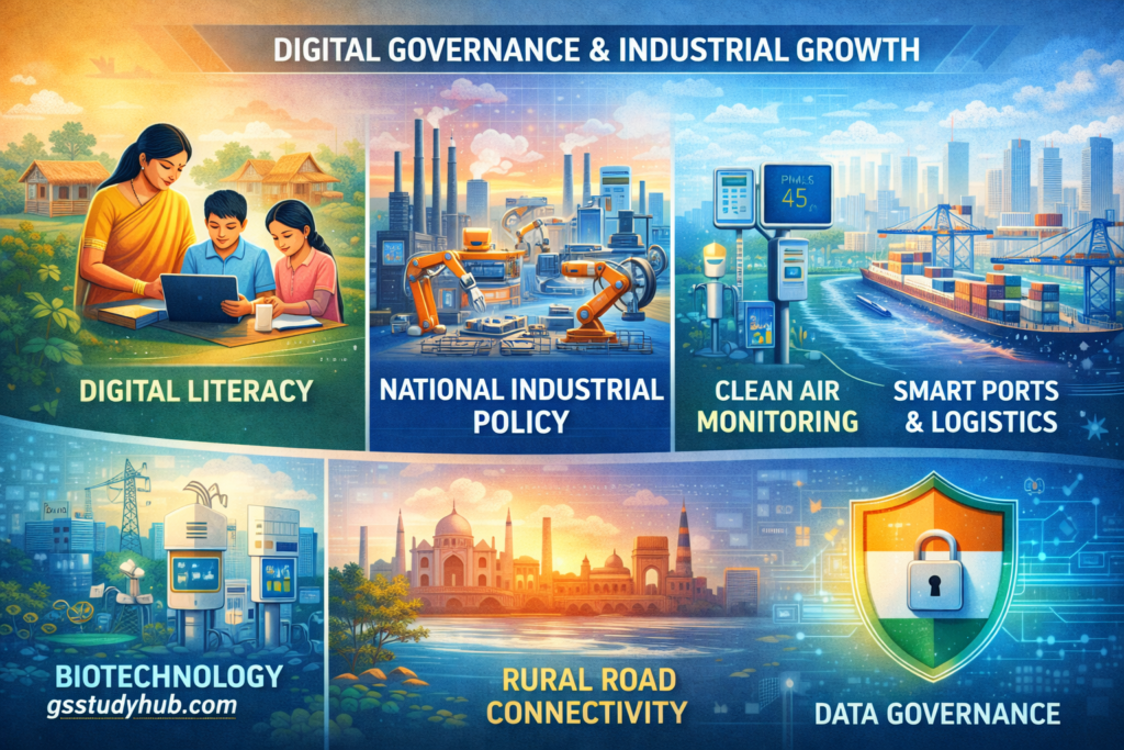Digital literacy campaign, National Industrial Policy factory skyline, clean air monitoring system and data governance shield infographic 2026