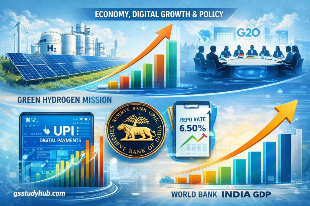 India Green Hydrogen Mission, Digital Payment growth chart, RBI repo rate 6.50 percent and G20 Digital Economy meeting infographic