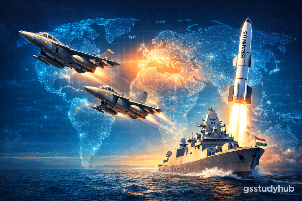 Indian fighter jets, missile launch, and naval warship over a world map representing India’s global defence power and exports