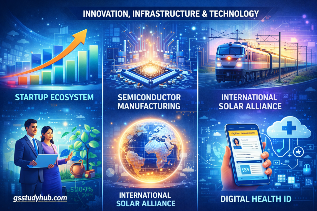 Startup ecosystem growth, semiconductor manufacturing plant, International Solar Alliance and Digital Health ID infographic 2026