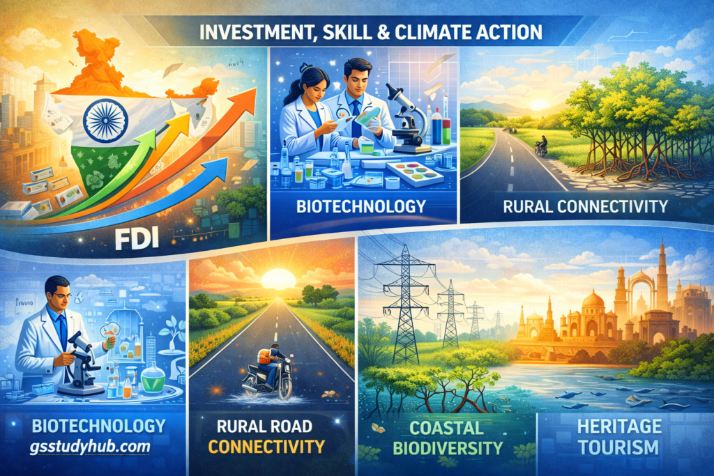 FDI growth in India map, biotechnology research lab, rural connectivity road and coastal biodiversity protection infographic