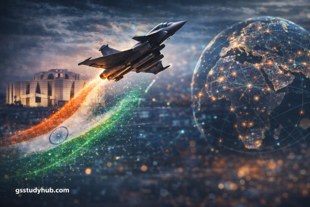 International Relations and Defense update showing Rafale fighter jet, Bangladesh Parliament and India global trade partnerships
