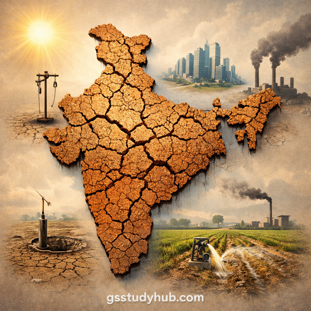 Infographic of India map with cracked earth texture showing major causes of water scarcity including climate change, groundwater depletion, urbanization, pollution and agriculture