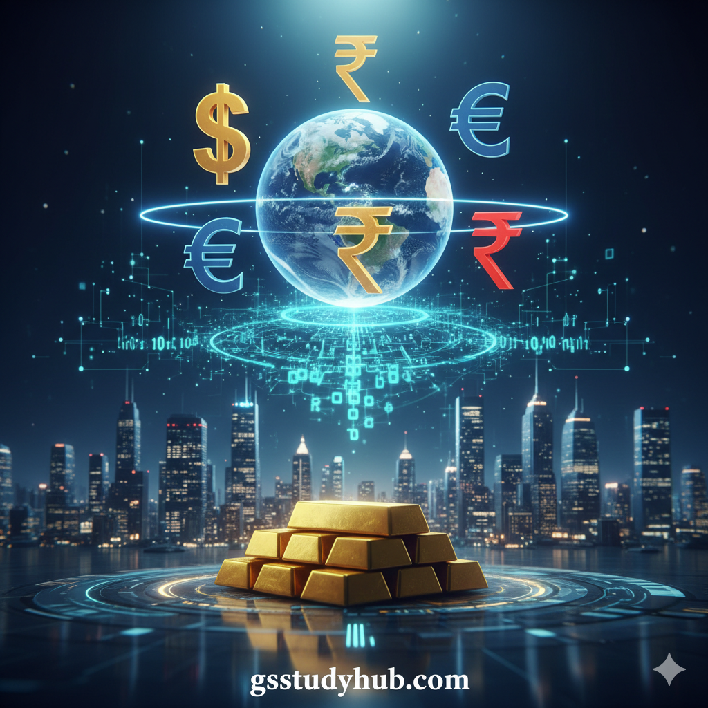 Futuristic image showing Dollar, Euro, Yuan, and Rupee balanced around Earth with blockchain networks and gold reserves symbolizing a multipolar currency system.