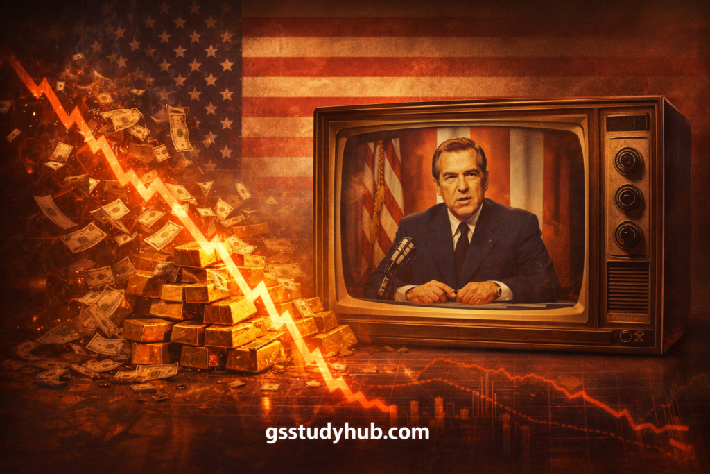 Symbolic image of President Nixon announcing the end of gold convertibility in 1971 with gold bars dissolving into US dollar bills.