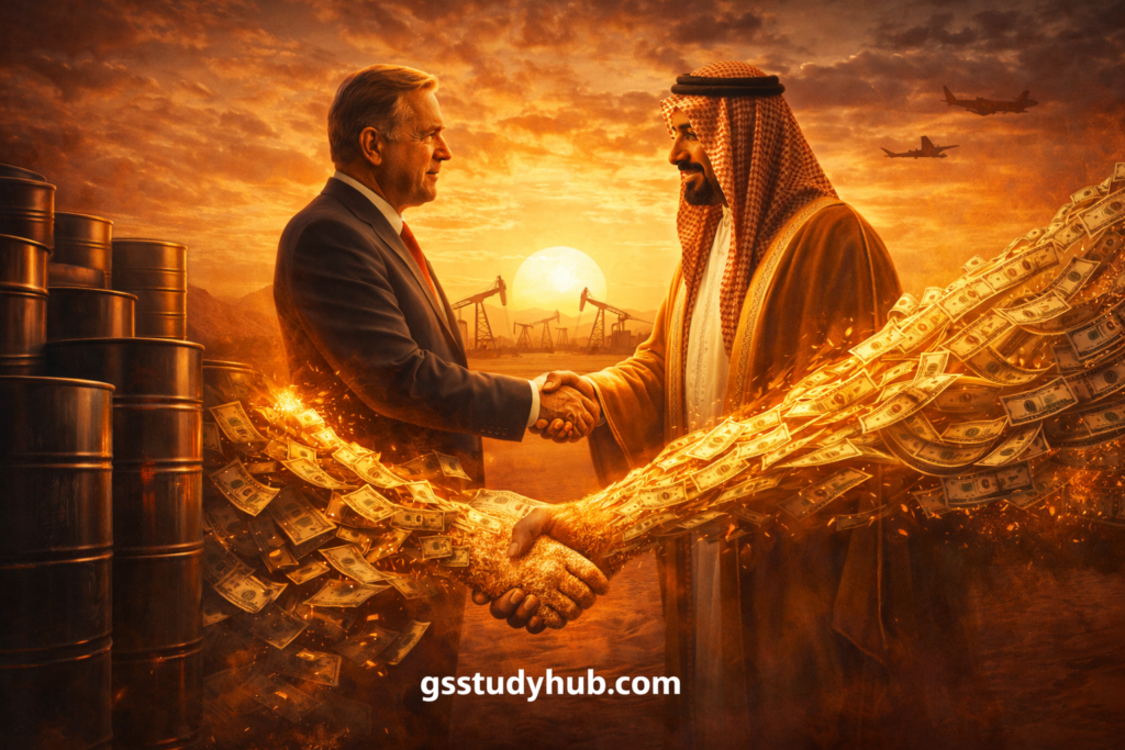 Illustration of US and Saudi leaders handshake with oil barrels transforming into US dollars, representing the petrodollar system.
