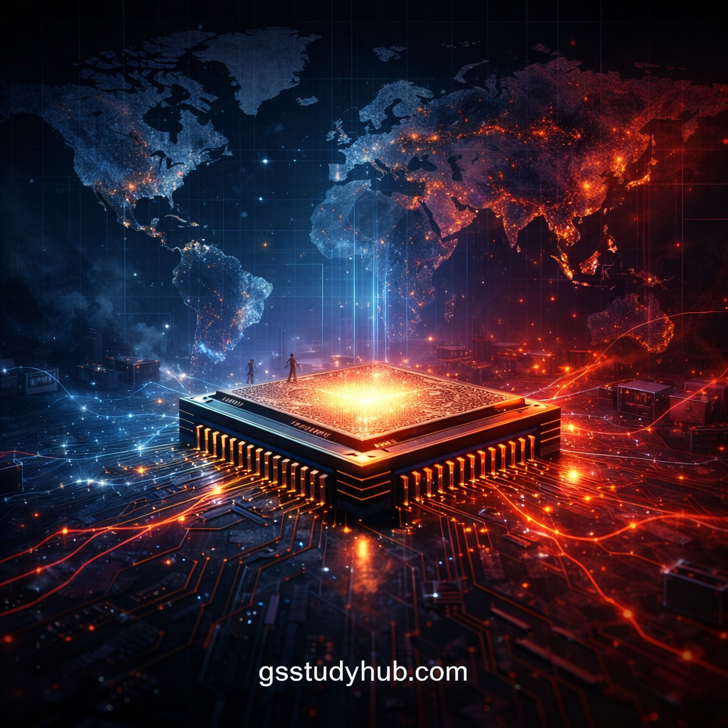 Semiconductor war illustration showing glowing microchip as hidden battlefield in global AI power competition