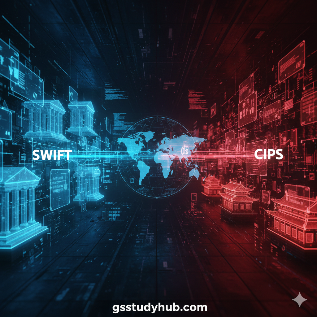 Futuristic illustration comparing SWIFT and CIPS payment systems with digital financial networks and global currency flows.
