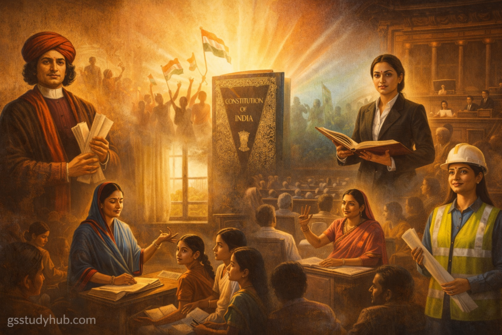 Illustration showing Raja Ram Mohan Roy and Savitribai Phule during reform movements, the Constitution of India at center, and modern Indian women as lawyer, parliament member, panchayat leader, and engineer symbolizing women empowerment after independence