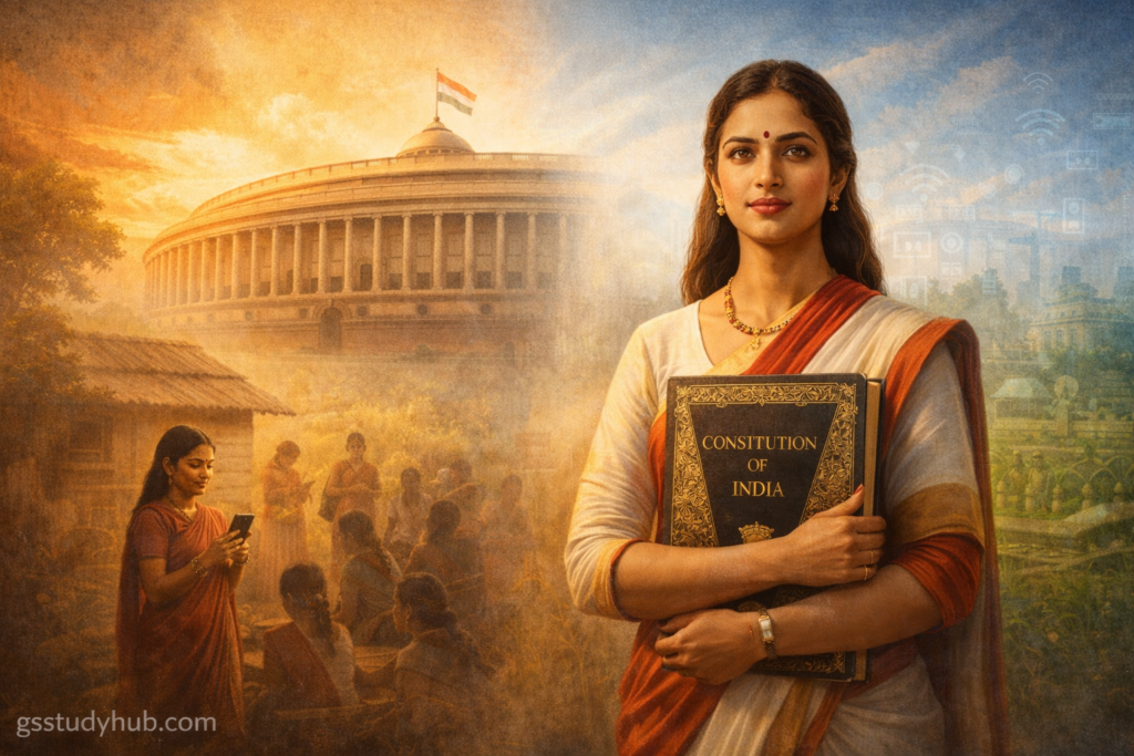 Illustration showing women MPs speaking in Indian Parliament, Constitution of India in background, and rural women using smartphones symbolizing Women Reservation Bill 2023 and ongoing challenges to women empowerment
