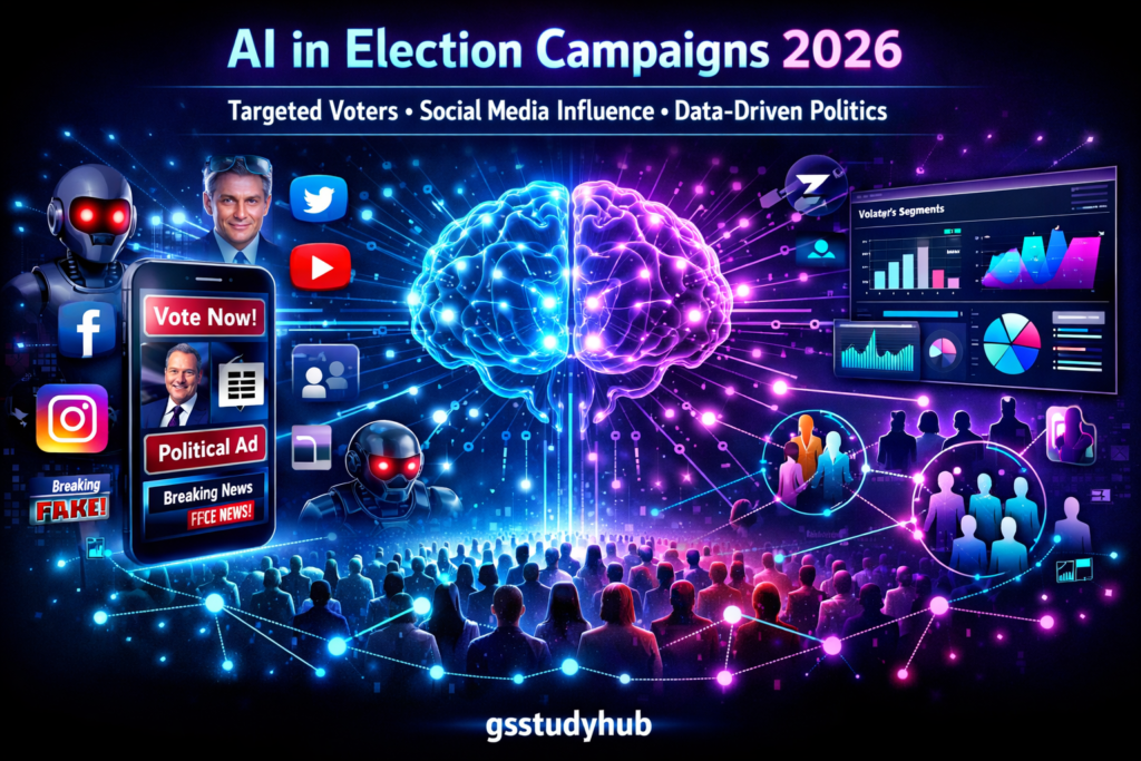 AI in election campaigns 2026 infographic showing targeted voters social media influence data driven political advertising and micro targeting