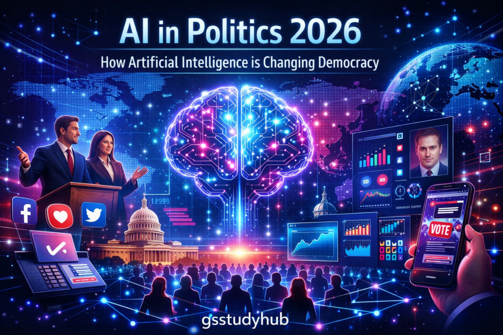 AI in Politics 2026 infographic showing artificial intelligence impact on elections, voter targeting, and democracy