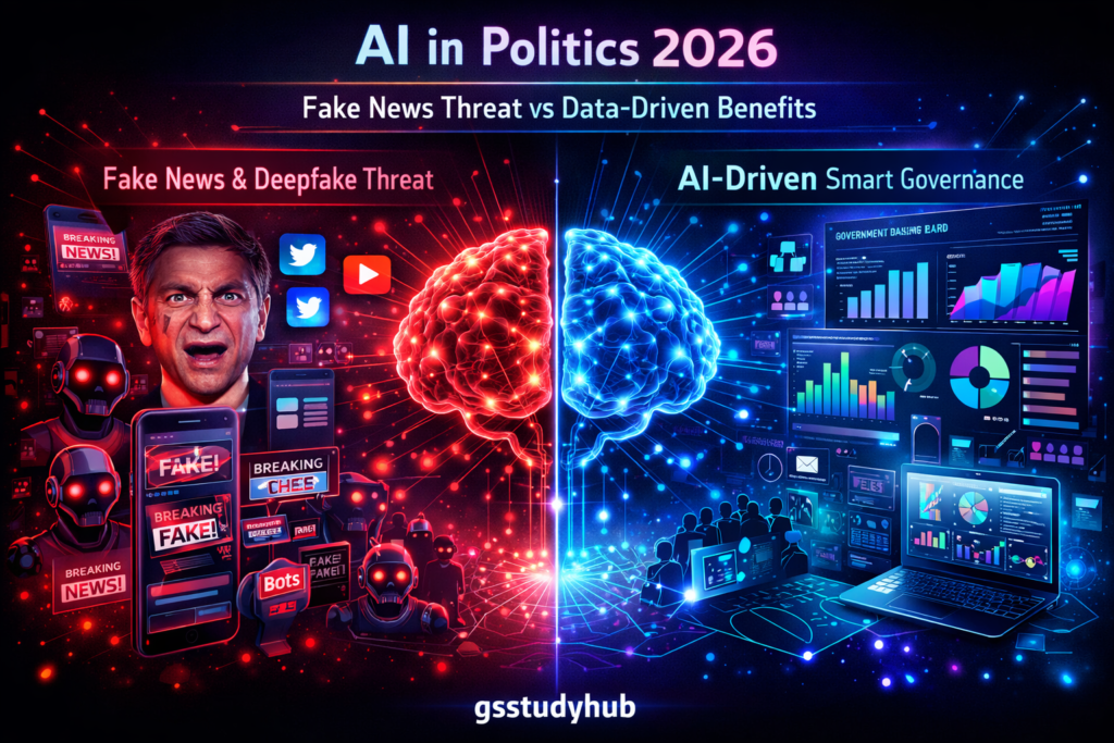 AI in politics 2026 infographic showing fake news deepfake threat vs data driven governance benefits and transparency