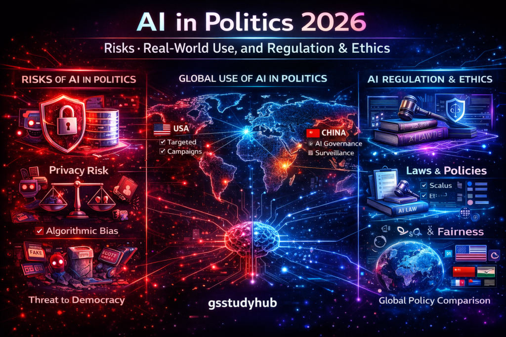 AI in politics 2026 infographic showing risks privacy bias democracy threats global use in USA India China and AI regulation policies