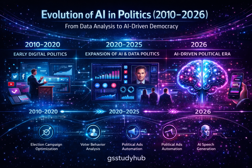 Evolution of AI in politics 2010 to 2026 timeline infographic showing digital campaigns, big data, and AI driven political systems