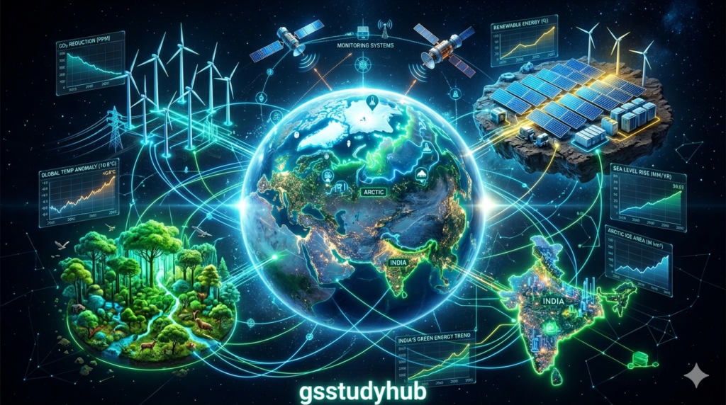 Futuristic infographic showing global climate change solutions with glowing Earth highlighting Arctic and India, surrounded by renewable energy sources, satellites, and international cooperation networks.