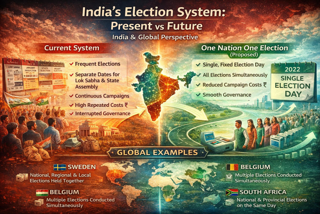 Infographic comparing India’s current election system with One Nation One Election and showing global examples like Sweden, Belgium, and South Africa