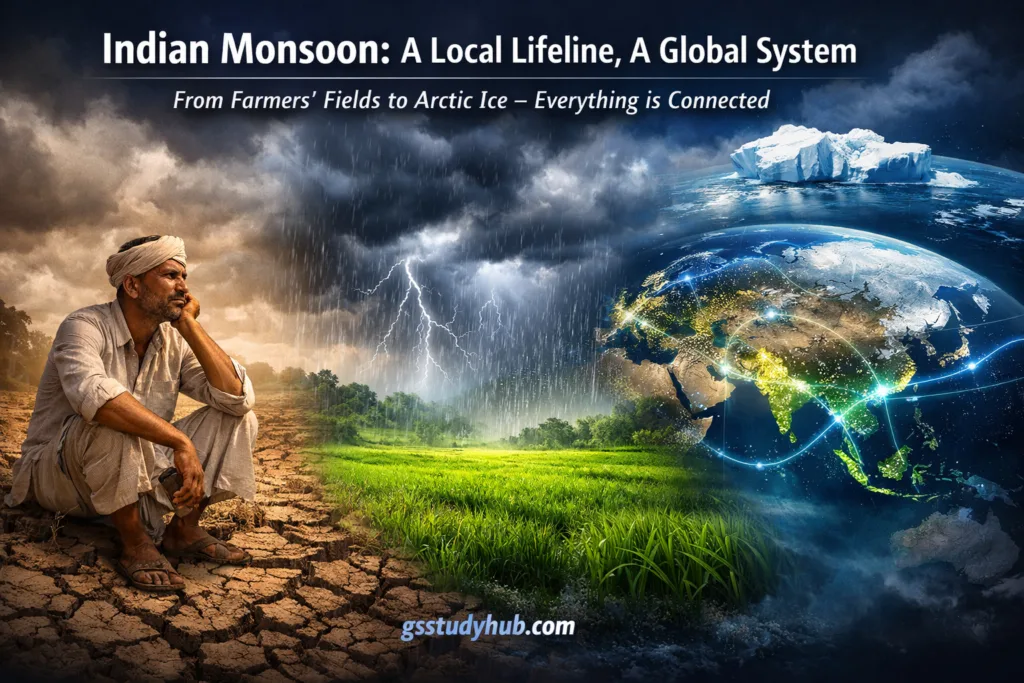 Indian monsoon infographic showing dry farmland with farmer, heavy rainfall over green fields, and global climate connection with Arctic ice and world map