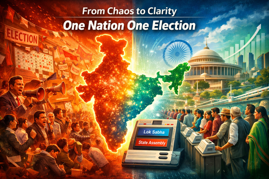 Illustration showing India’s election system transformation from chaotic frequent elections to One Nation One Election with unified voting using EVM machines