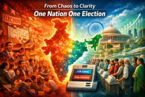 Illustration showing India’s election system transformation from chaotic frequent elections to One Nation One Election with unified voting using EVM machines