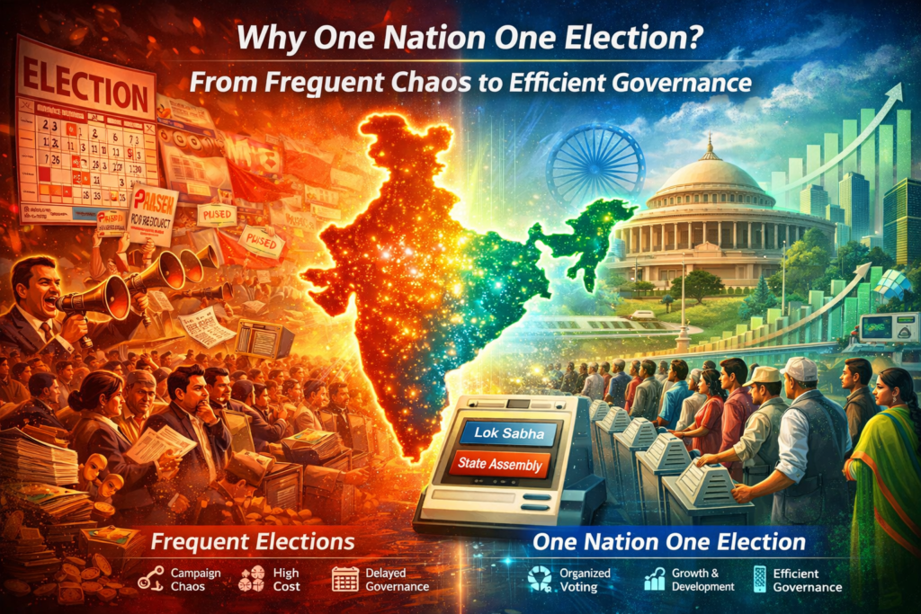 Infographic showing why One Nation One Election is needed in India with comparison of frequent election chaos and efficient unified voting system