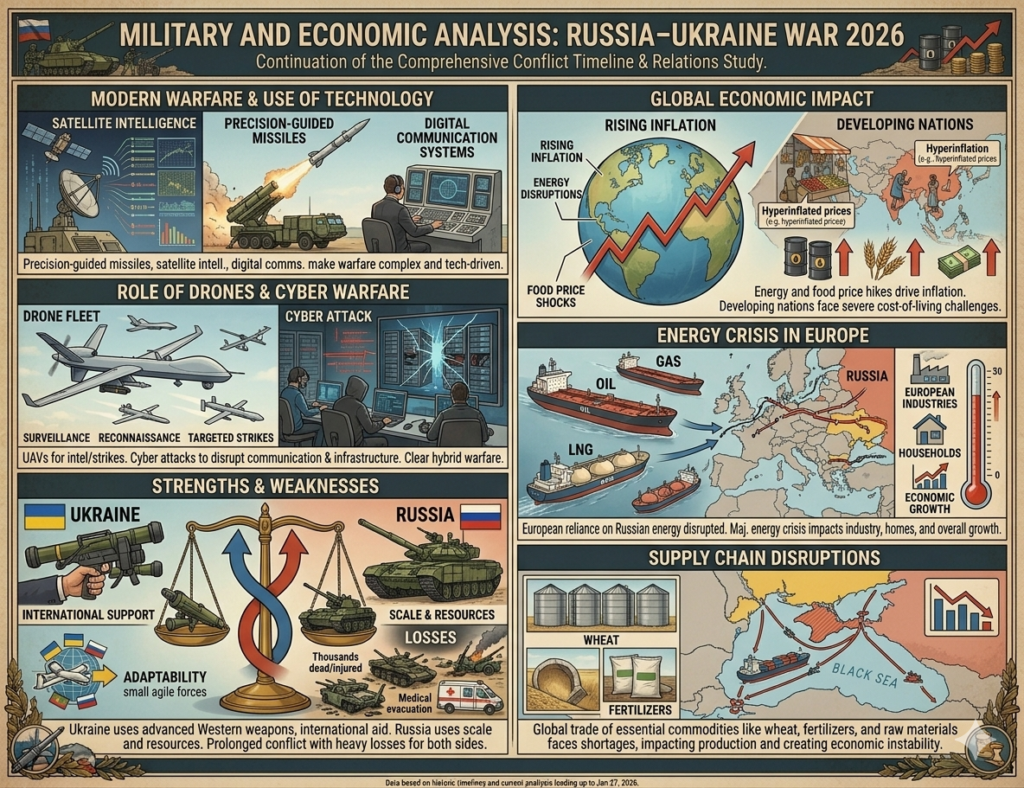 Russia Ukraine War 2026 military analysis infographic showing drones cyber warfare and global economic impact inflation energy crisis supply chain disruption