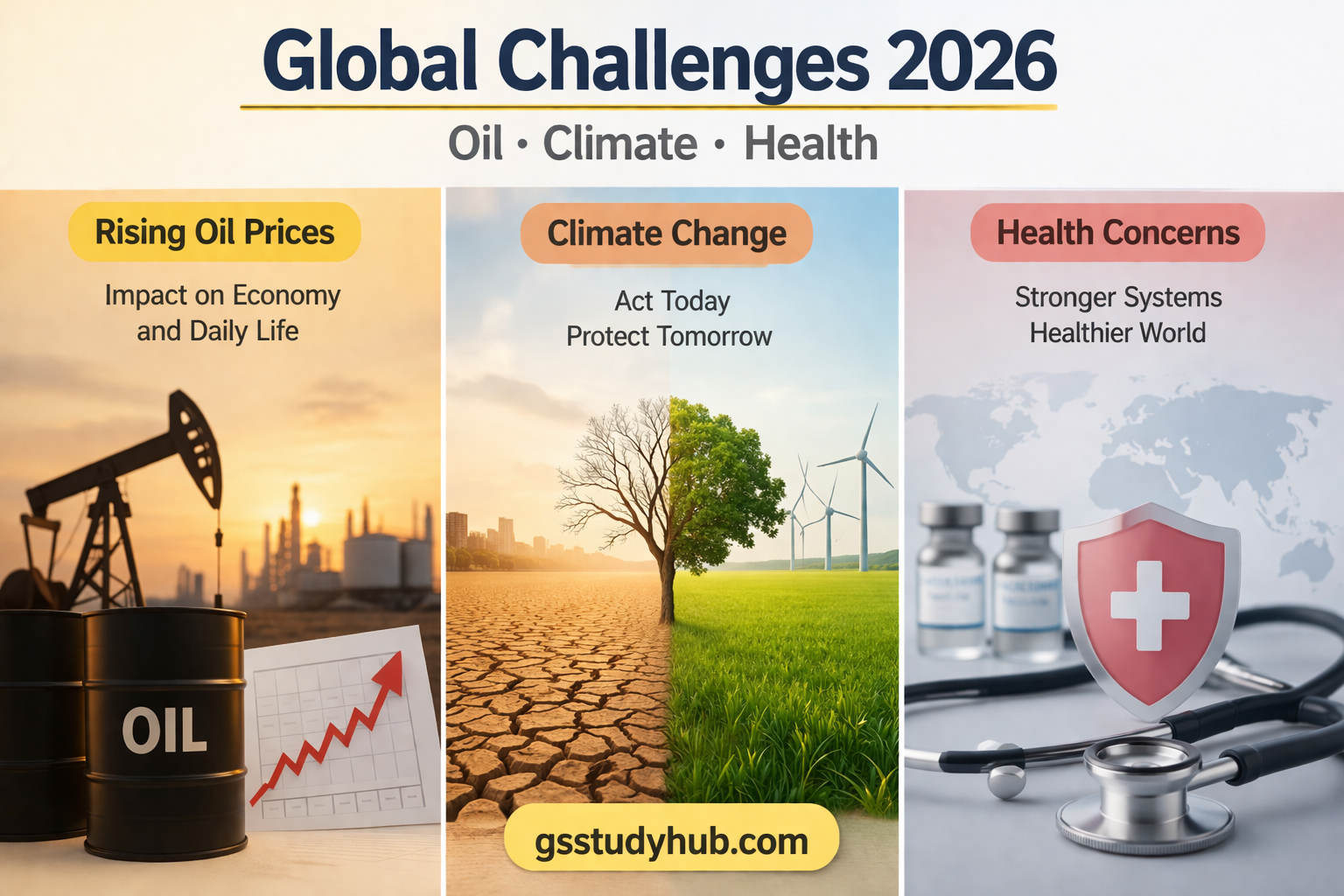 Global challenges 2026 oil prices climate change health crisis infographic