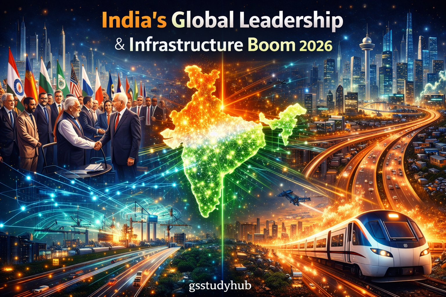 Futuristic illustration of India as a global superpower in 2026 showing digital economy, GDP growth, global diplomacy, UPI payments, AI technology and modern skyline