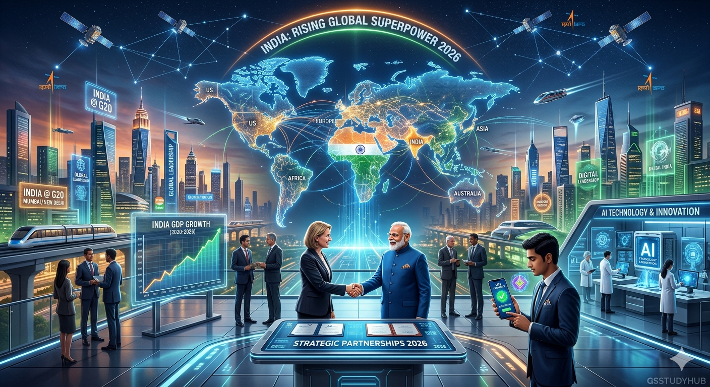 India Rising Global Superpower 2026 showing economic growth digital transformation infrastructure development and global leadership