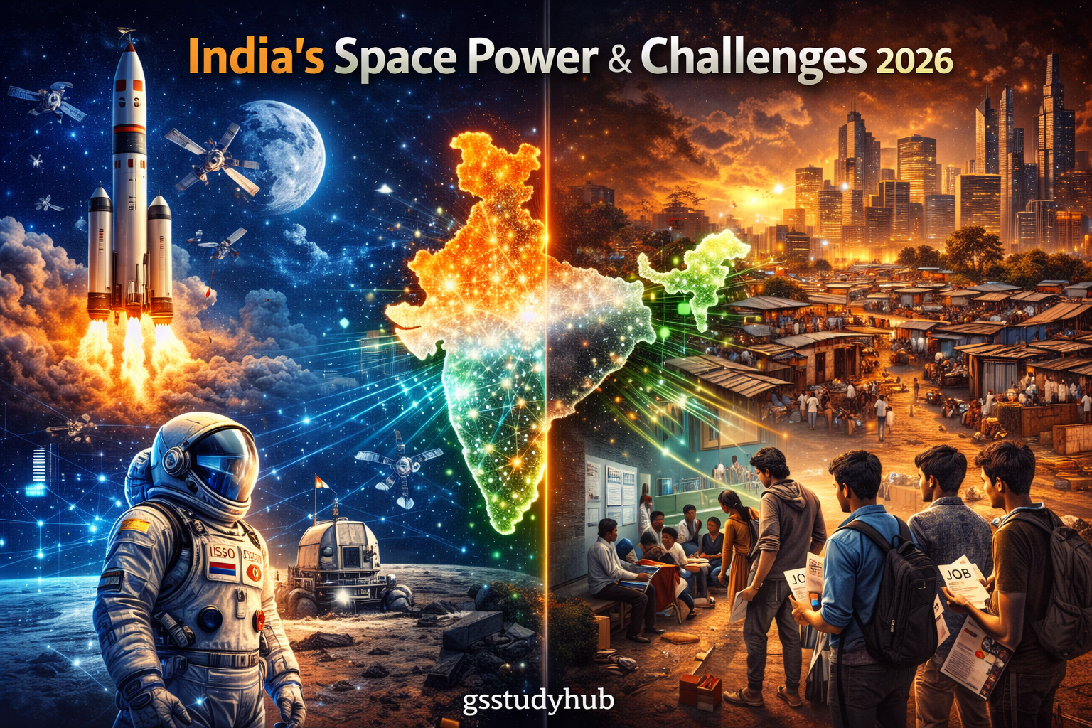 India space achievements ISRO Chandrayaan mission and challenges like unemployment, education gap and inequality
