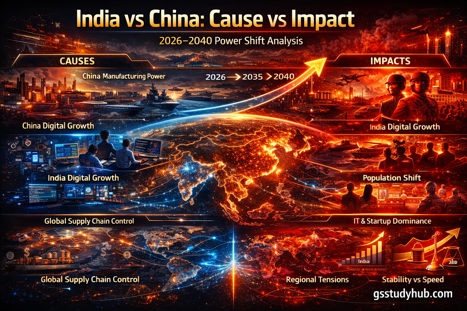India vs China cause vs impact infographic economy military technology population politics global power shift 2026 2040