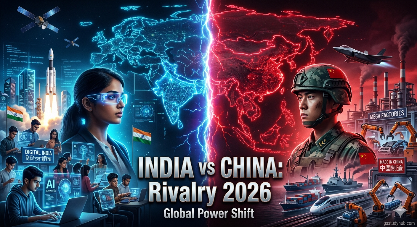 India vs China rivalry 2026 digital vs industrial power global shift Asia map