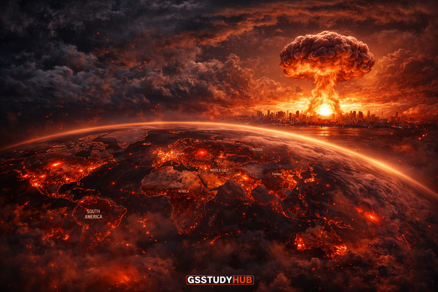Nuclear war scenario showing global conflict zones, mushroom cloud explosion and worldwide destruction 2026