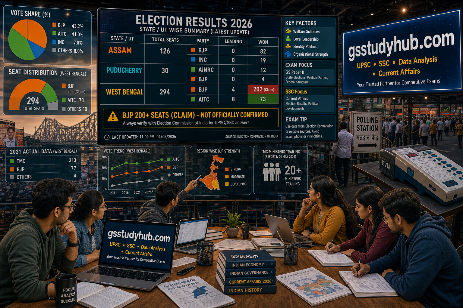 Indian Election Results 2026 newsroom with students analyzing data tables Assam Puducherry West Bengal