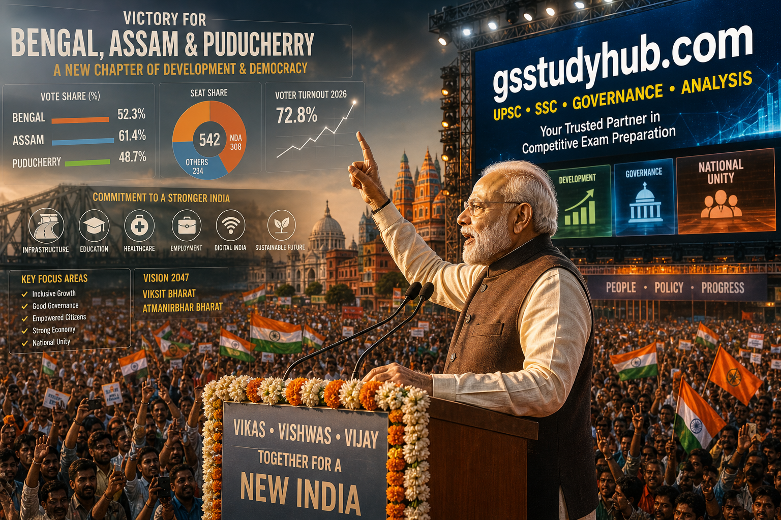 Indian election victory speech 2026 leader addressing crowd with governance and development themes