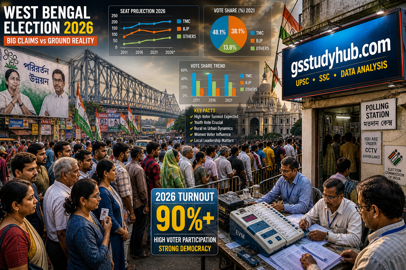 West Bengal Election 2026 high voter turnout 90 percent with polling booth and election crowd