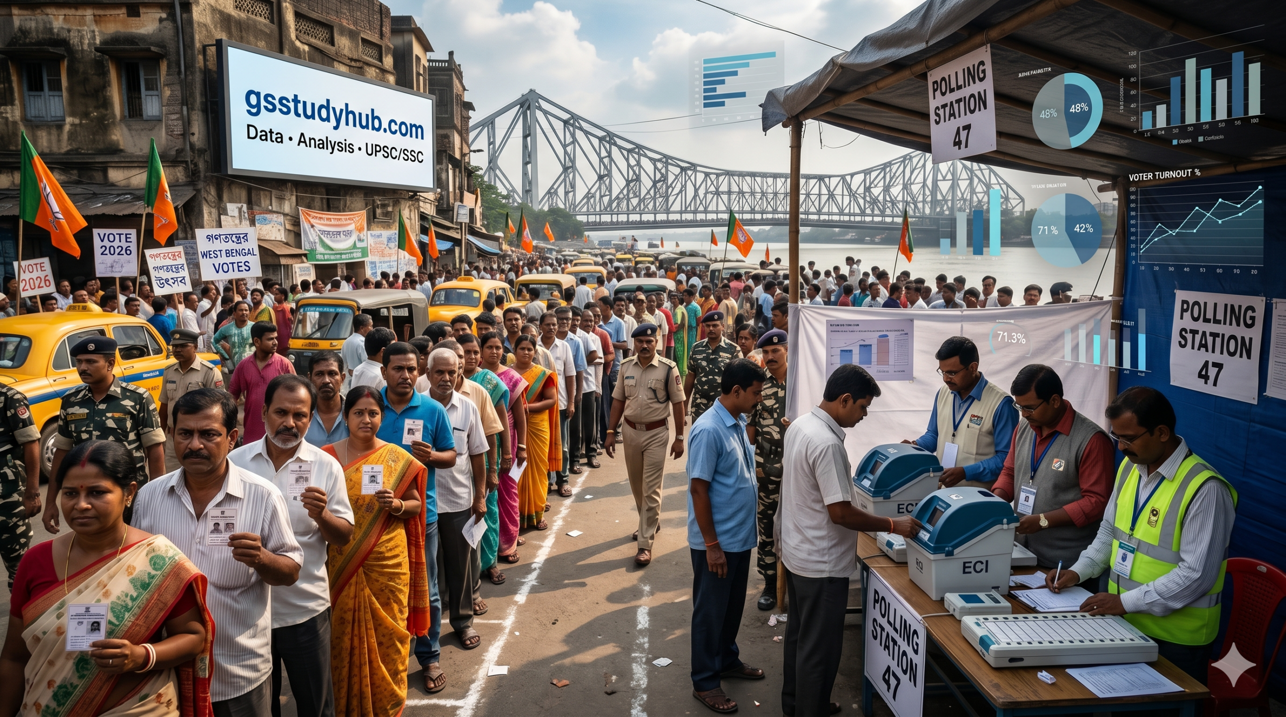West Bengal Election 2026 polling booth with voters queue, EVM machine and election data analysis charts