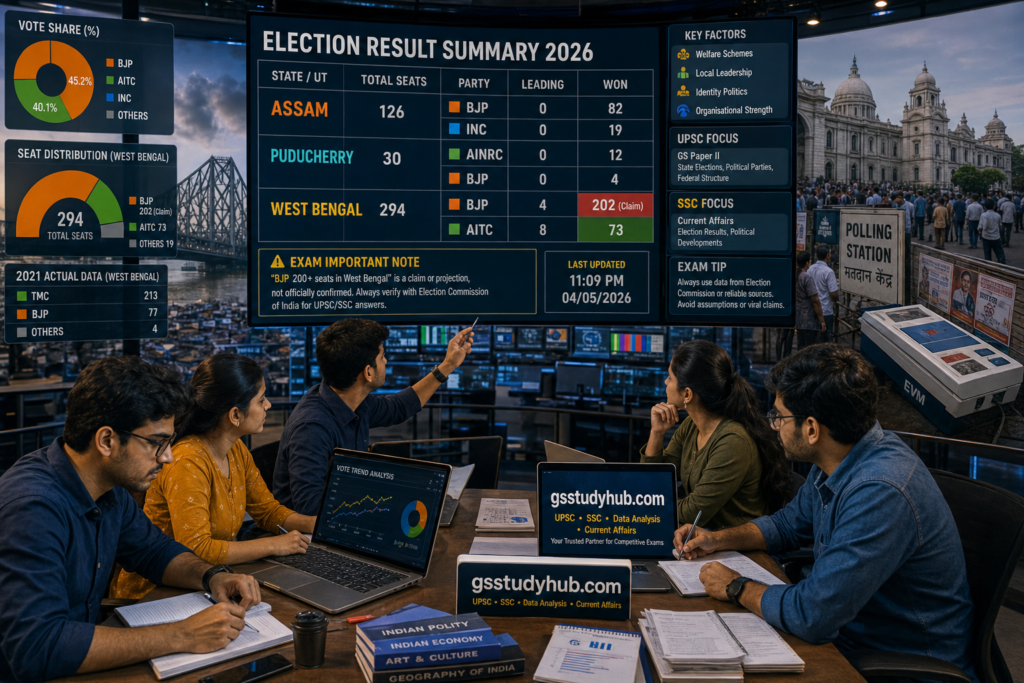 West Bengal Election 2026 results infographic showing BJP 202 claim and TMC 73 seats with data charts