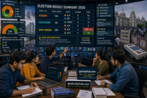 West Bengal Election 2026 results infographic showing BJP 202 claim and TMC 73 seats with data charts