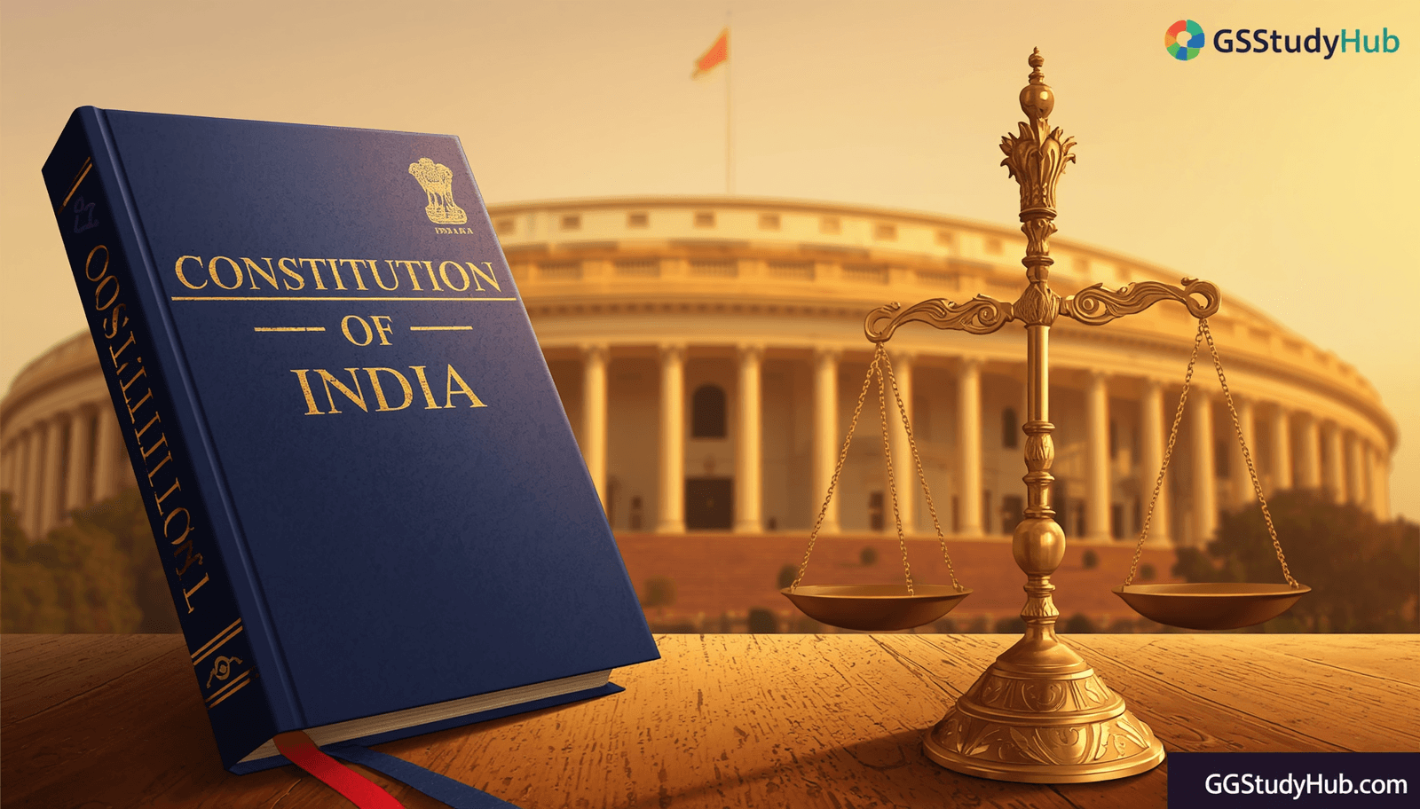 Nature of the Indian Constitution showing federal and unitary features with the Constitution of India and Parliament House.