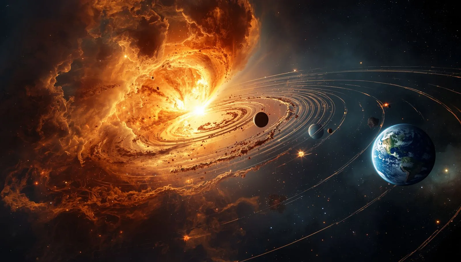 Theories of Earth Origin infographic showing Big Bang Theory, Nebular Hypothesis and Modern Nebular Theory