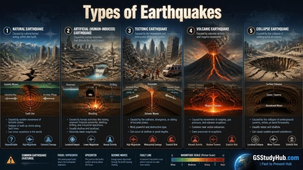 Educational infographic showing the five major types of earthquakes—Natural, Artificial, Tectonic, Volcanic, and Collapse earthquakes with tectonic plates, volcanoes, seismic waves, and Earth's crust by GSStudyHub