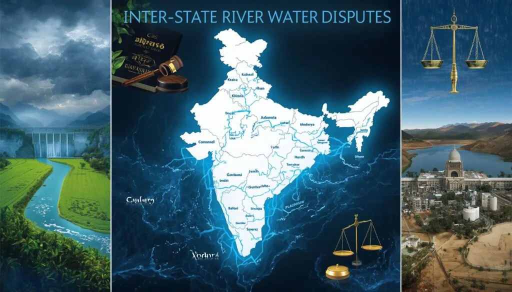 Illustration of Inter-State River Water Disputes in India showing major rivers, Article 262, Supreme Court, water tribunals, dams, irrigation, and river basin management.