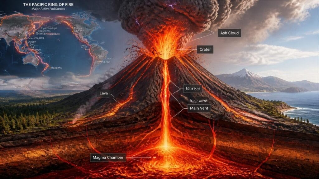 Illustration of a volcano showing its structure, magma chamber, lava eruption, and the global distribution of volcanoes including the Pacific Ring of Fire.