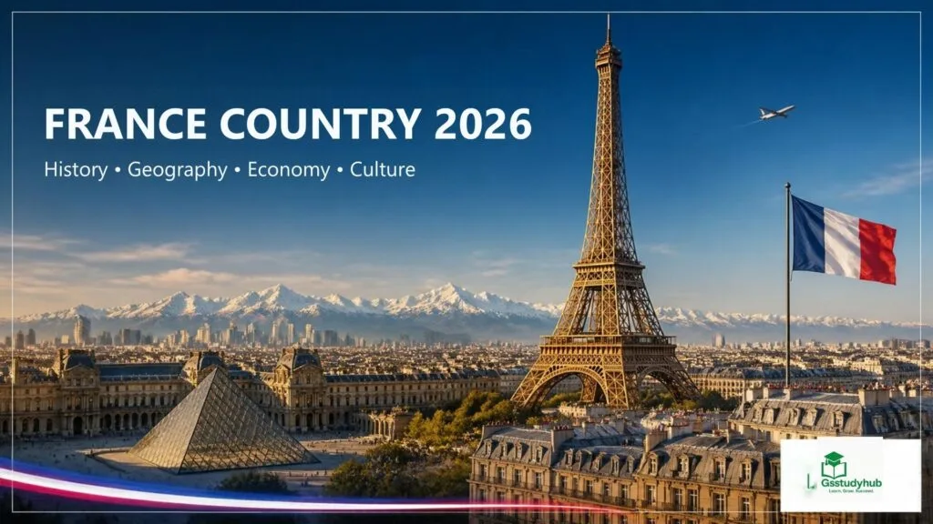 France Country 2026: History, Geography, Population, Economy, Culture, and India-France Relations France Country 2026 featuring the Eiffel Tower, French flag, and Paris landmarks.